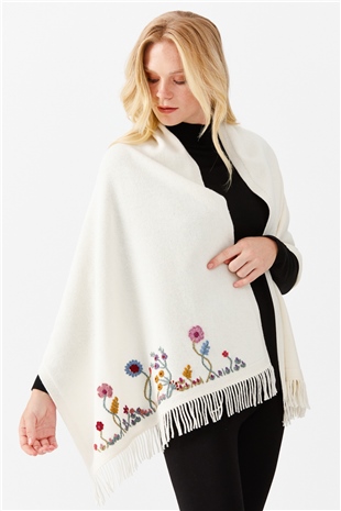 Шаль женская с вышивкой и кисточками, цвета слоновой кости 