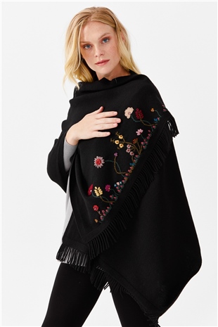 Шаль женская с вышивкой и кисточками, черная 