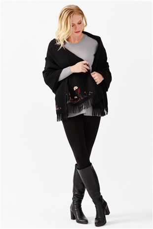 Шаль женская с вышивкой и кисточками, черная 