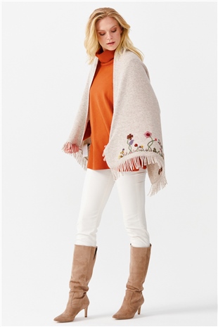Шаль женская с вышивкой и кисточками, бежевая 