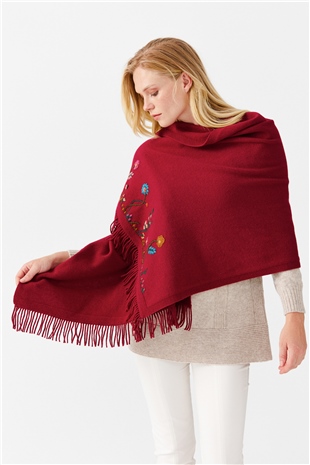 Шаль женская с вышивкой и кисточками, вишневого цвета 