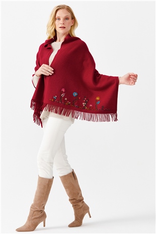 Шаль женская с вышивкой и кисточками, вишневого цвета 