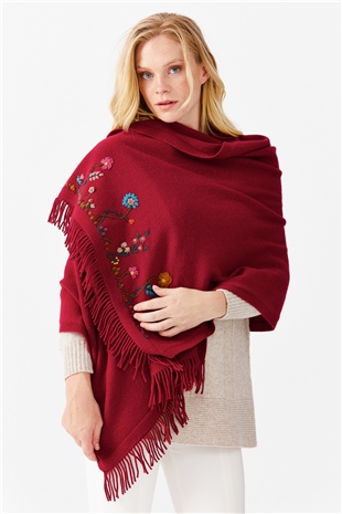 Шаль женская с вышивкой и кисточками, вишневого цвета 