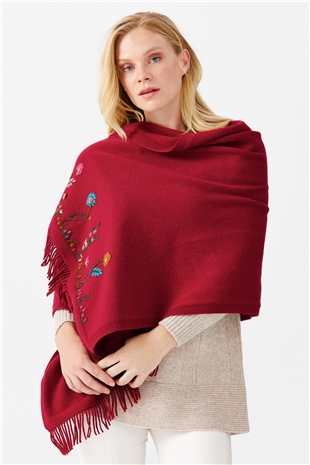 Шаль женская с вышивкой и кисточками, вишневого цвета 