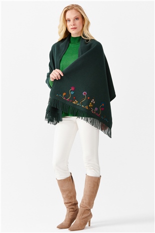 Шаль женская с вышивкой и кисточками, зеленая 