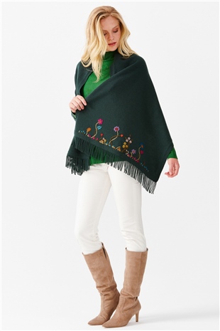 Шаль женская с вышивкой и кисточками, зеленая 