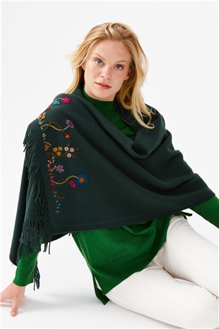 Шаль женская с вышивкой и кисточками, зеленая 
