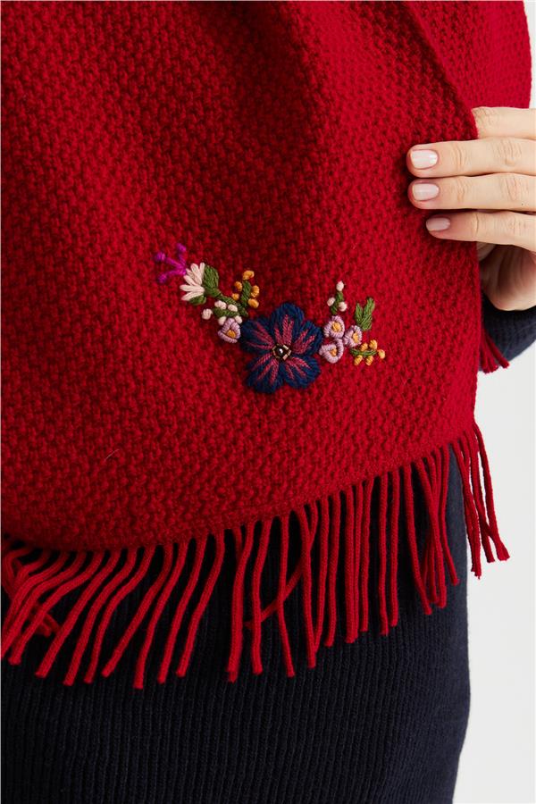 Женский шерстяной шарф с вышивкой Темно-красный