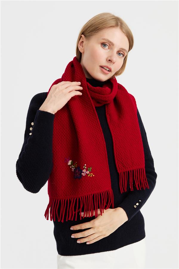 Женский шерстяной шарф с вышивкой Темно-красный