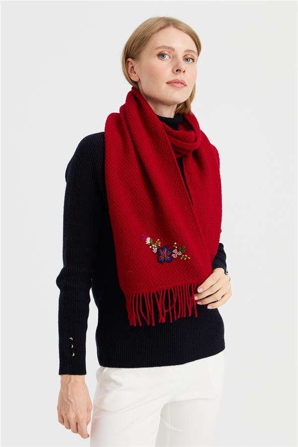 Женский шерстяной шарф с вышивкой Темно-красный