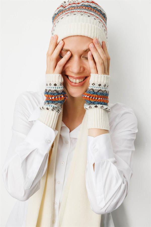 Kadın Jakarlı Yün Eldiven Kemik