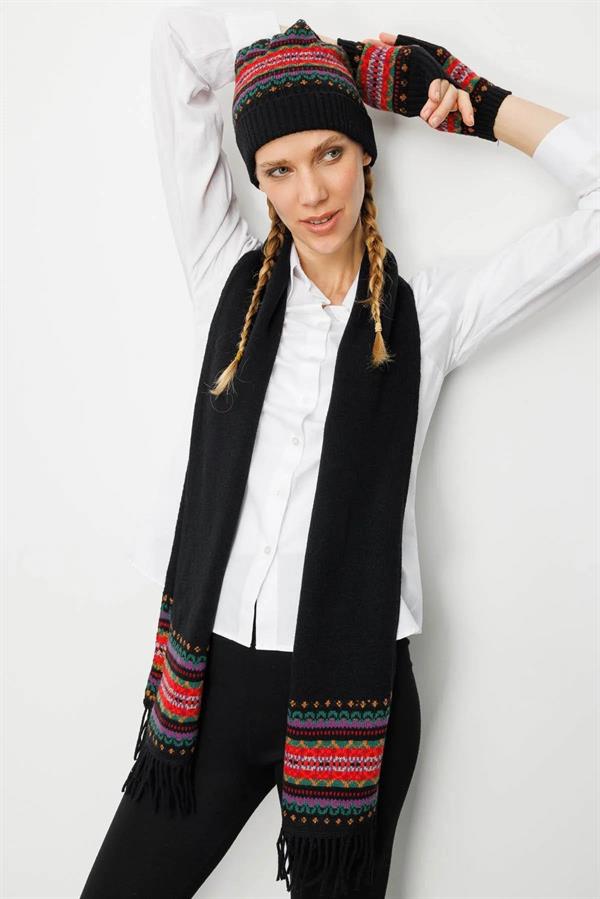 Kadın Jakarlı Yün Eldiven Siyah