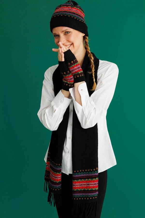 Kadın Jakarlı Yün Eldiven Siyah