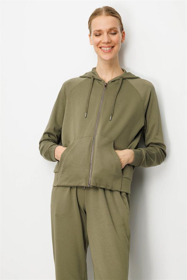 Kadın Kanguru Cepli Sweat Eşofman Üstü Haki
