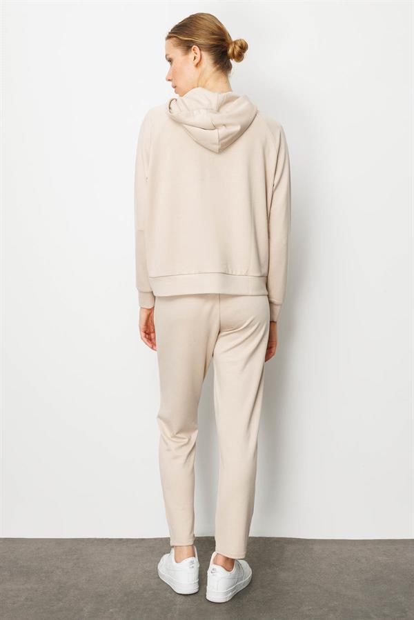 Kadın Kanguru Cepli Sweat Eşofman Üstü Bej