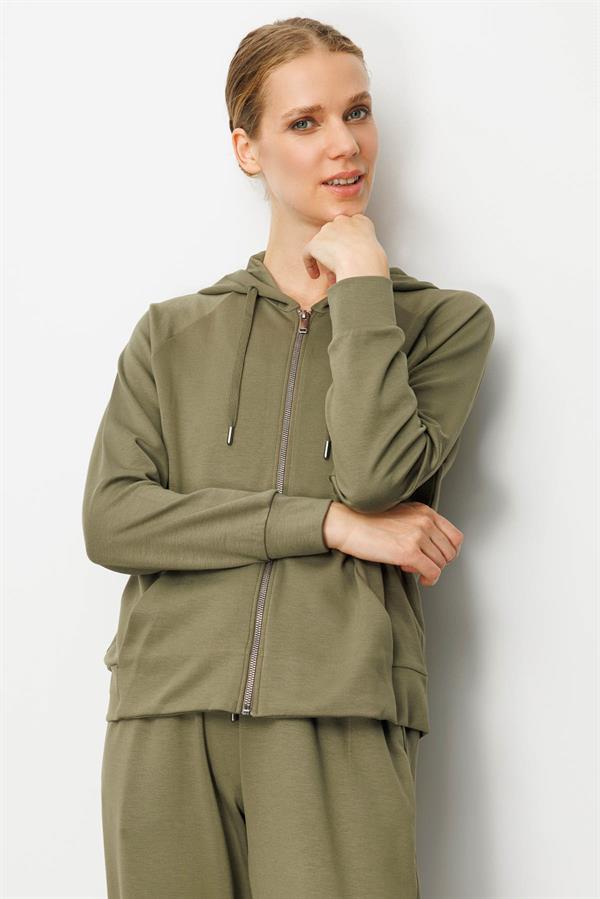 Kadın Kanguru Cepli Sweat Eşofman Üstü Haki