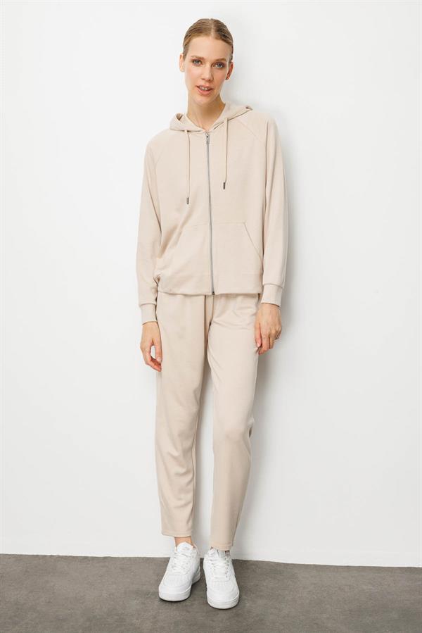 Kadın Kanguru Cepli Sweat Eşofman Üstü Bej