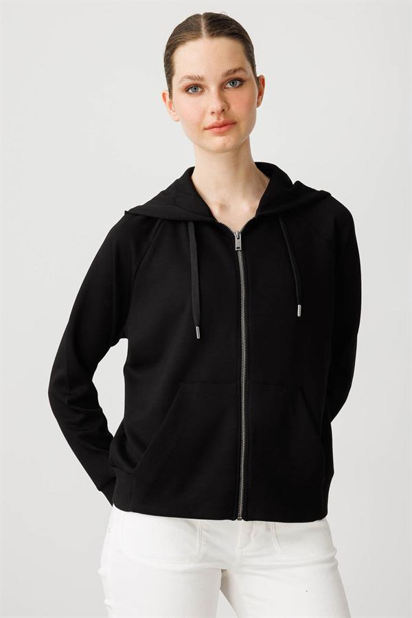 Kadın Kanguru Cepli Sweat Eşofman Üstü Siyah