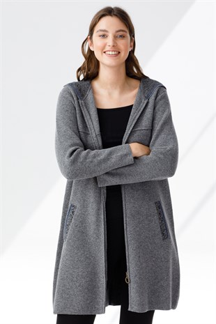 Женская шерстяная толстовка с капюшоном, длинный кардиган, серый