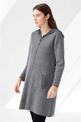 Женская шерстяная толстовка с капюшоном, длинный кардиган, серый