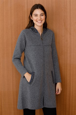 Женская шерстяная толстовка с капюшоном, длинный кардиган, серый