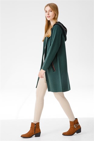 Женская шерстяная толстовка с капюшоном, длинный кардиган, зеленый