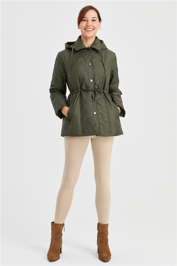Женское стеганое пальто с капюшоном и кружевной талией