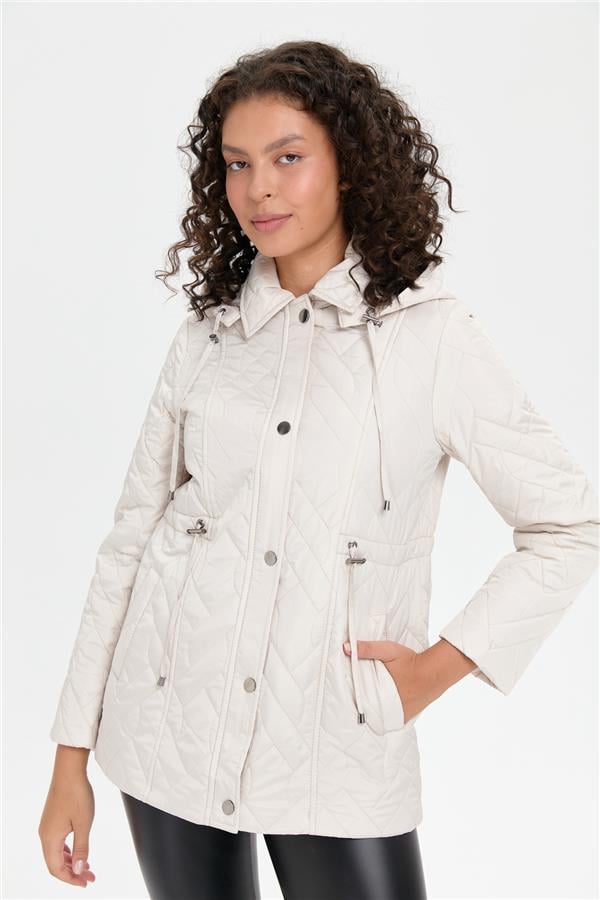 Kadın Kapüşonlu Beli Bağcıklı Kısa Kapitone Kaban Taş