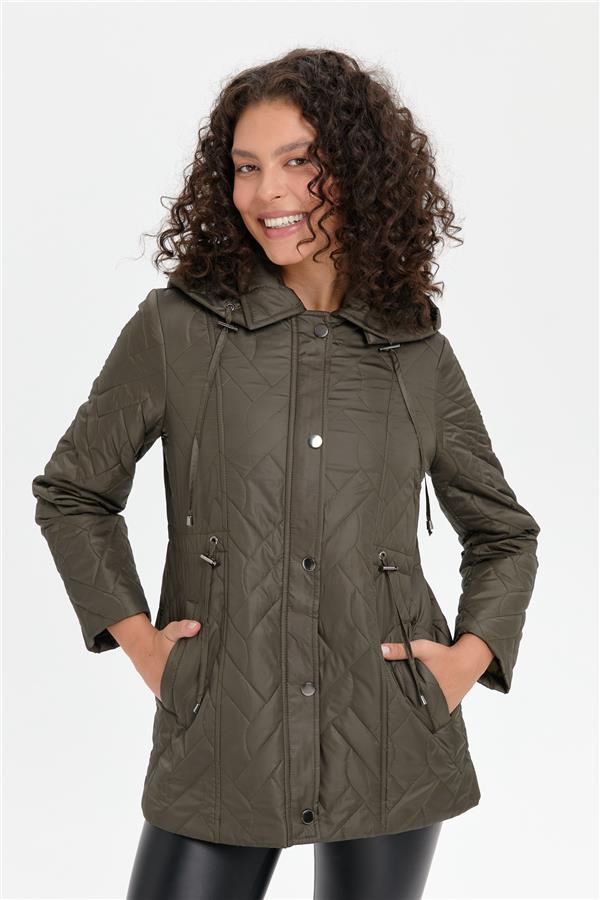 Kadın Kapüşonlu Beli Bağcıklı Kısa Kapitone Kaban Haki