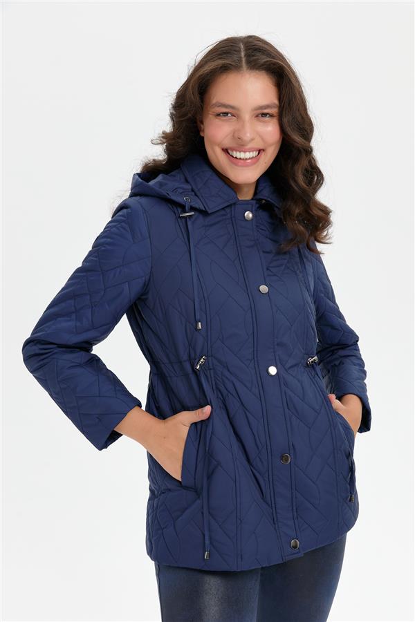 Kadın Kapüşonlu Beli Bağcıklı Kısa Kapitone Kaban Lacivert