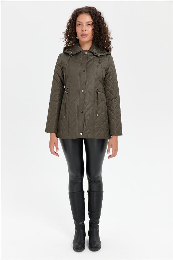 Kadın Kapüşonlu Beli Bağcıklı Kısa Kapitone Kaban Haki