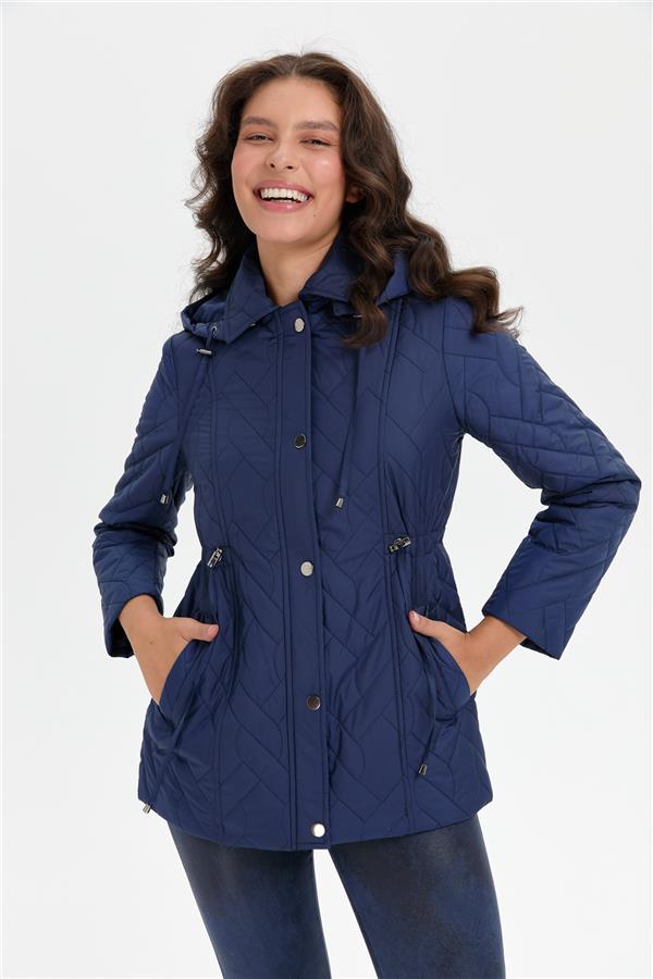 Kadın Kapüşonlu Beli Bağcıklı Kısa Kapitone Kaban Lacivert