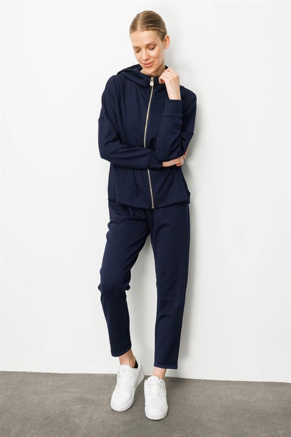 Kadın Kapüşonlu Beli Büzgülü Sweat Lacivert