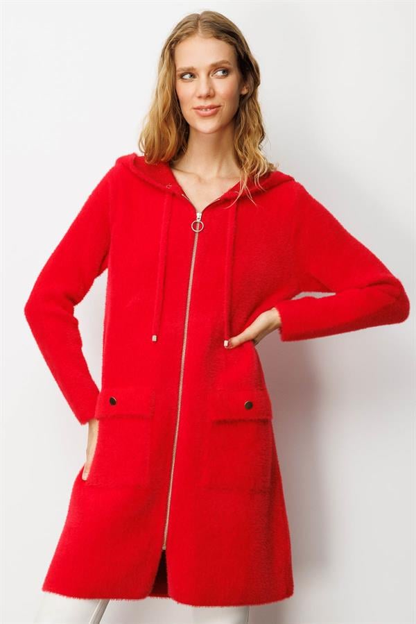 Kadın Kapüşonlu Cebi Metal Düğmeli Kaban Y.Kırmızı
