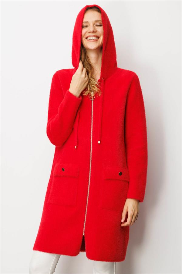 Kadın Kapüşonlu Cebi Metal Düğmeli Kaban Y.Kırmızı