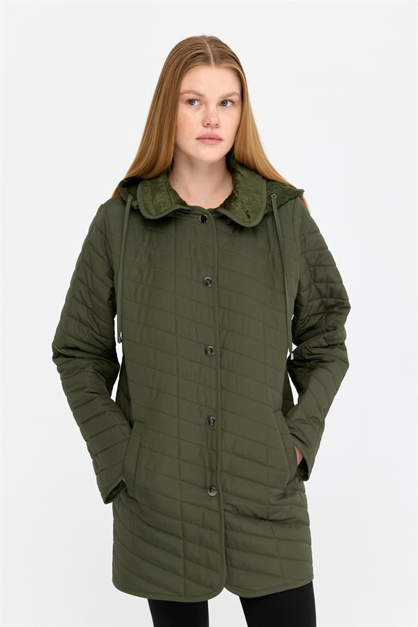 Kadın Kapüşonlu Enine Çizgili Araboy Kapitone Kaban Haki