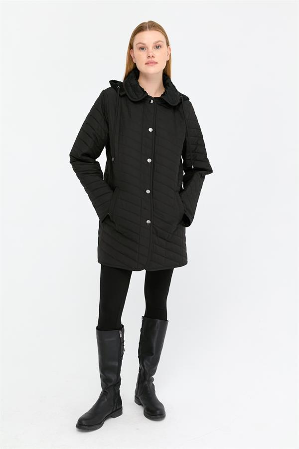 Kadın Kapüşonlu Enine Çizgili Araboy Kapitone Kaban Siyah