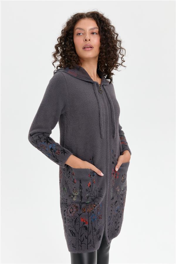 Kadın Kapüşonlu Eteği ve Kolu Kır Çiçeği Desenli Uzun Kaban Antrasit