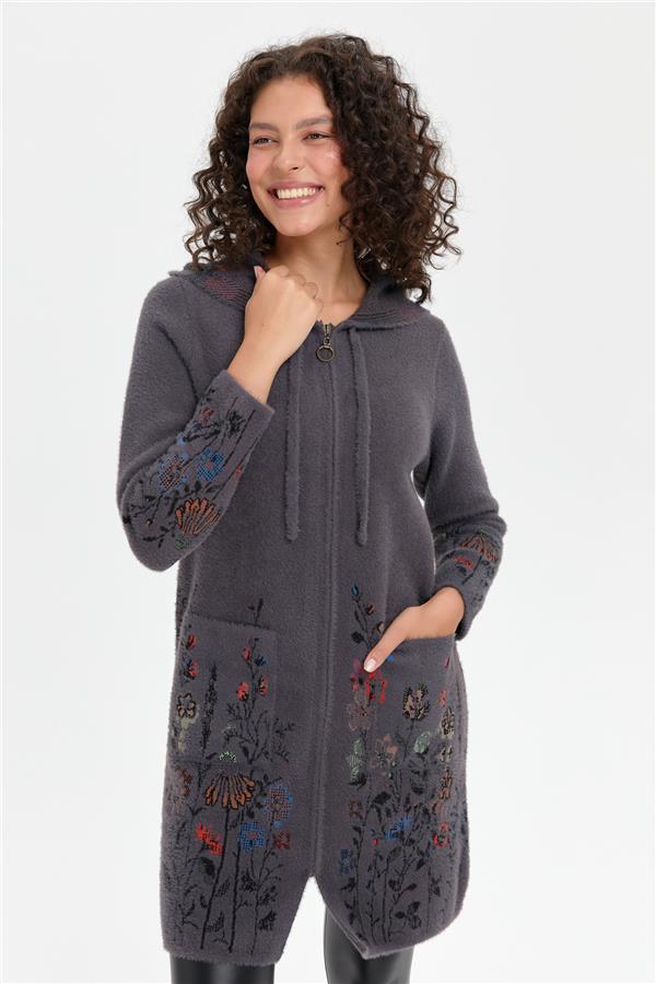 Kadın Kapüşonlu Eteği ve Kolu Kır Çiçeği Desenli Uzun Kaban Antrasit