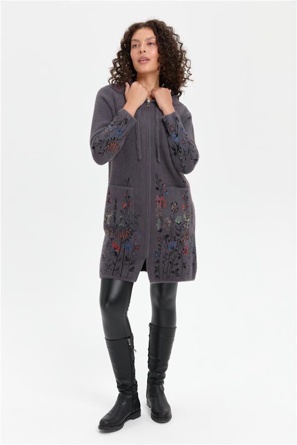 Kadın Kapüşonlu Eteği ve Kolu Kır Çiçeği Desenli Uzun Kaban Antrasit