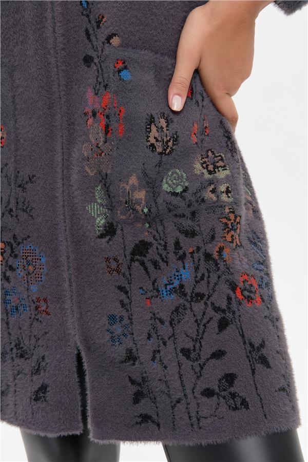 Kadın Kapüşonlu Eteği ve Kolu Kır Çiçeği Desenli Uzun Kaban Antrasit