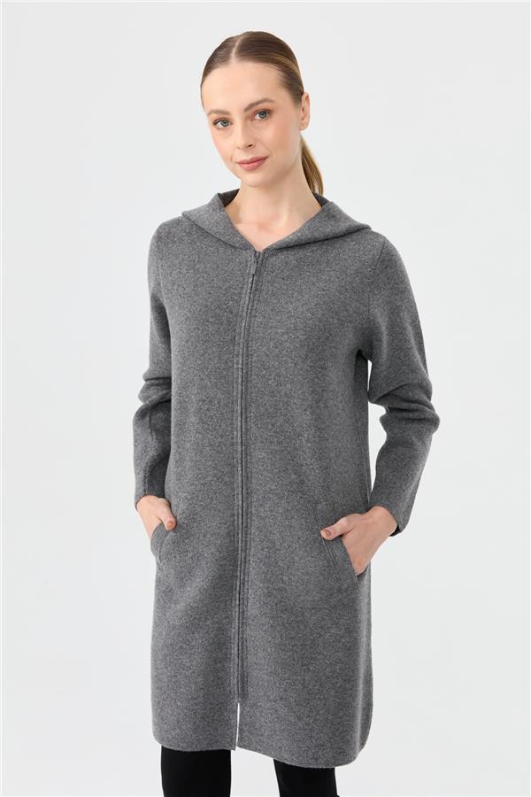 Kadın Kapüşonlu Fermuarlı Basic Uzun Yün Kaban Füme