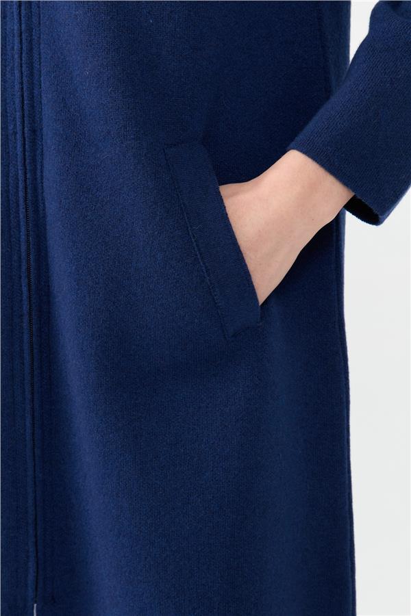 Kadın Kapüşonlu Fermuarlı Basic Uzun Yün Kaban İndigo