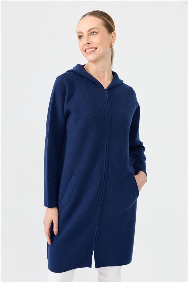 Kadın Kapüşonlu Fermuarlı Basic Uzun Yün Kaban İndigo