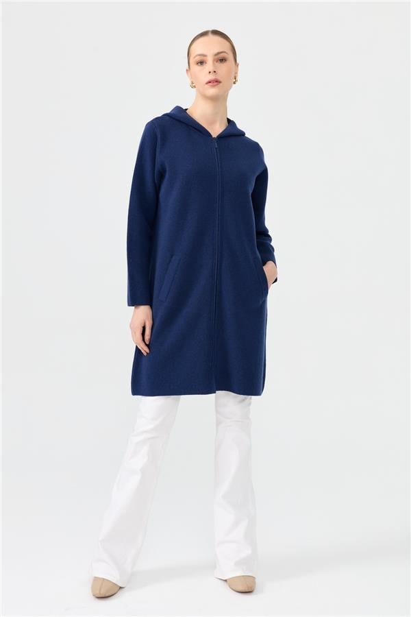 Kadın Kapüşonlu Fermuarlı Basic Uzun Yün Kaban İndigo