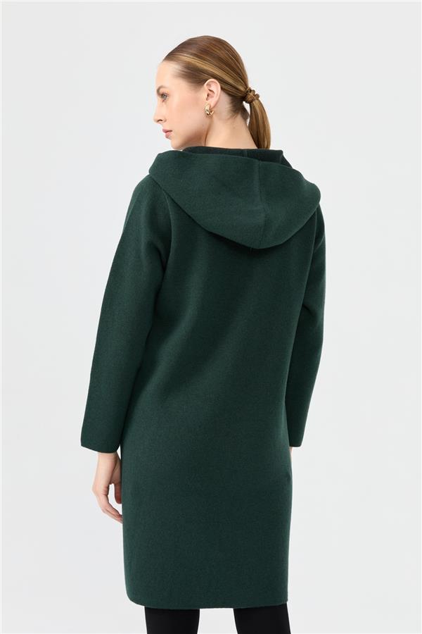 Kadın Kapüşonlu Fermuarlı Basic Uzun Yün Kaban Yeşil
