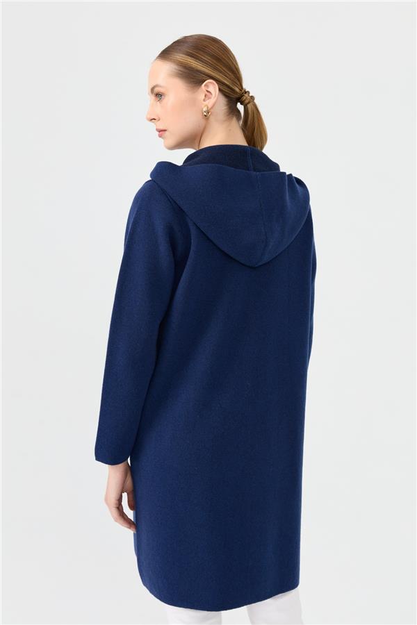 Kadın Kapüşonlu Fermuarlı Basic Uzun Yün Kaban İndigo