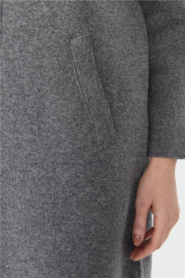 Kadın Kapüşonlu Fermuarlı Basic Uzun Yün Kaban Füme