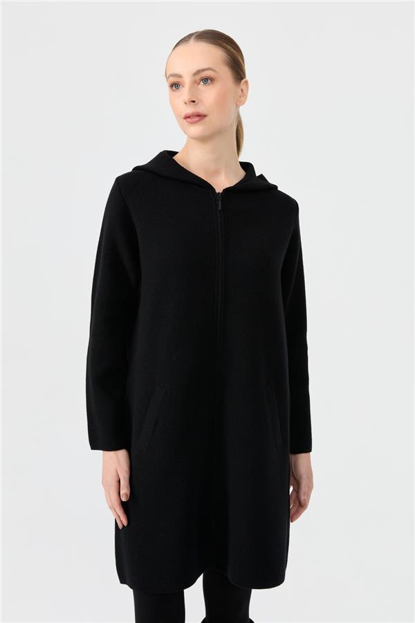 Kadın Kapüşonlu Fermuarlı Basic Uzun Yün Kaban Siyah