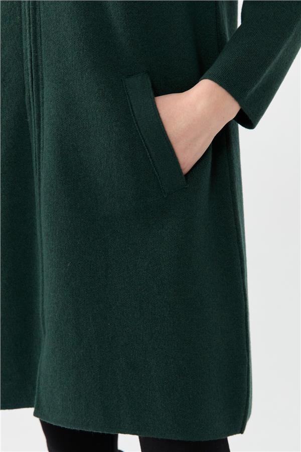 Kadın Kapüşonlu Fermuarlı Basic Uzun Yün Kaban Yeşil